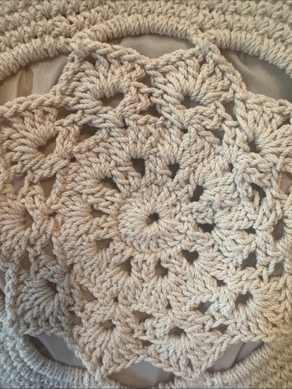 Handcrafted Cream Crochet Round Fringe Crossbody Bag 10” Diameter. - Picture 3 of 5